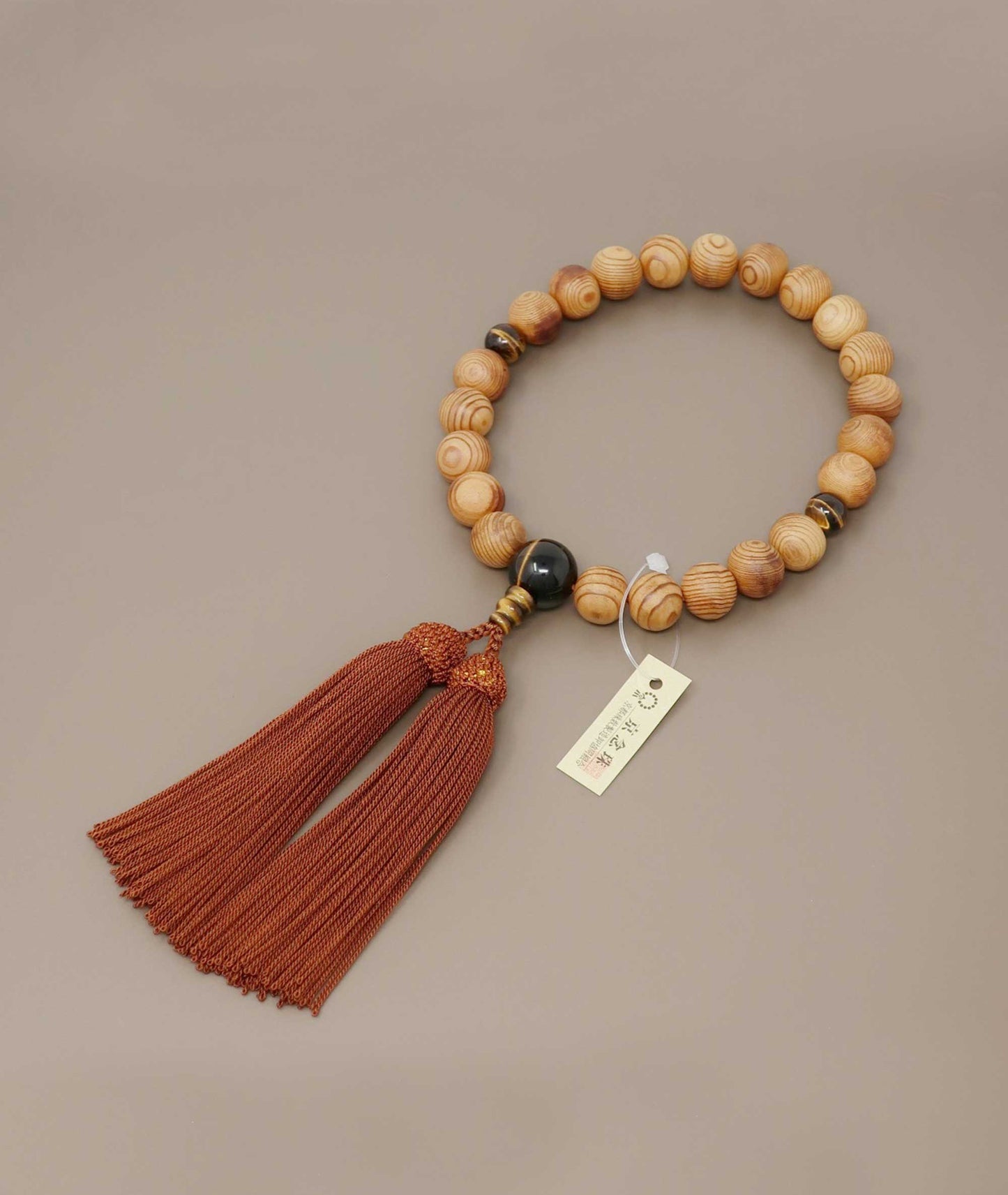 Yakusugi Juzu Bead Bracelet – Tiger’s Eye Accents & Premium Silk Tassel - Kyoto Kanbe Juzu