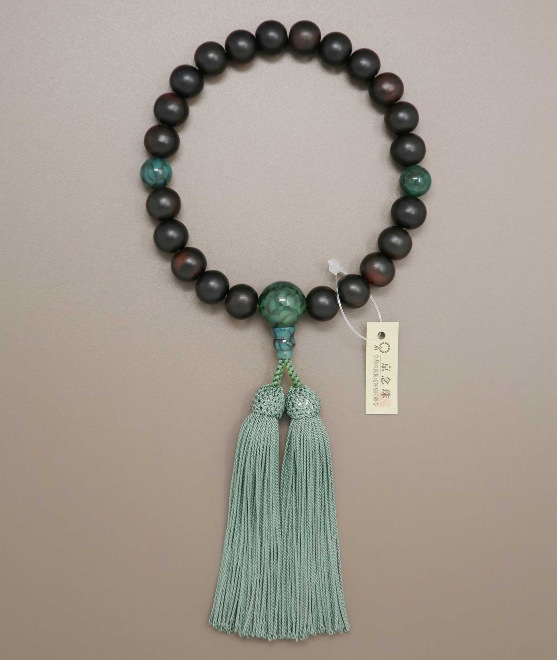 Striped Ebony Juzu Bead Bracelet – Green Dragon Vein Agate Accents - Kyoto Kanbe Juzu