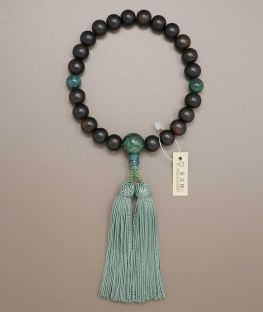 Striped Ebony Juzu Bead Bracelet – Green Dragon Vein Agate Accents - Kyoto Kanbe Juzu