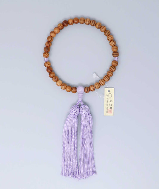 Yakusugi Wood Juzu Bead Bracelet - Amethyst Accents & Premium Silk Tassel - Kyoto Kanbe Juzu