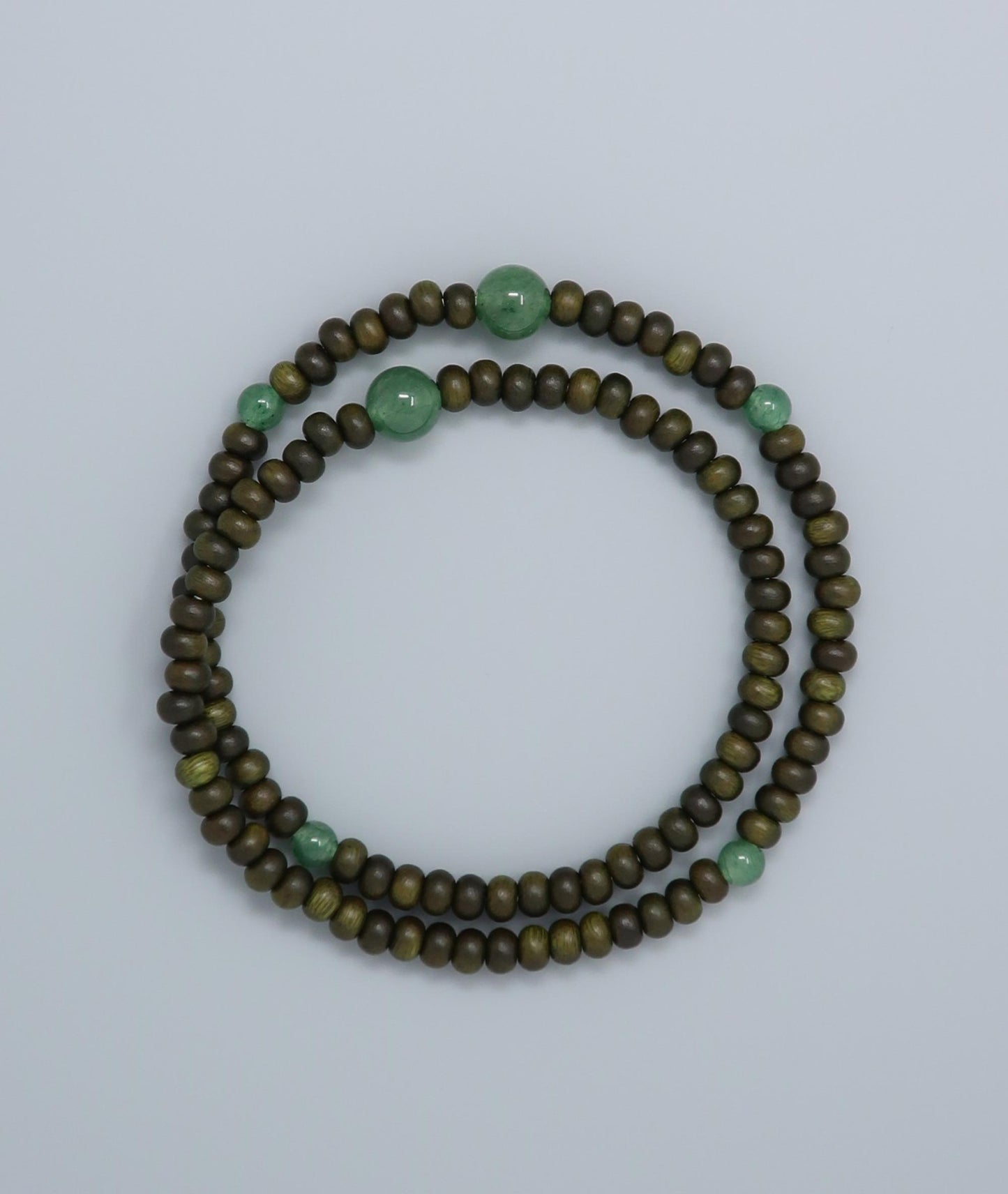 Unisex Green Sandalwood Life Tree 108-bead bracelet with jade accents, handcrafted protective amulet symbolizing success and calm. Handcrafted in Japan Kanbe Juzu, ideal for amulet, yoga, meditation, prayer, or gifting.