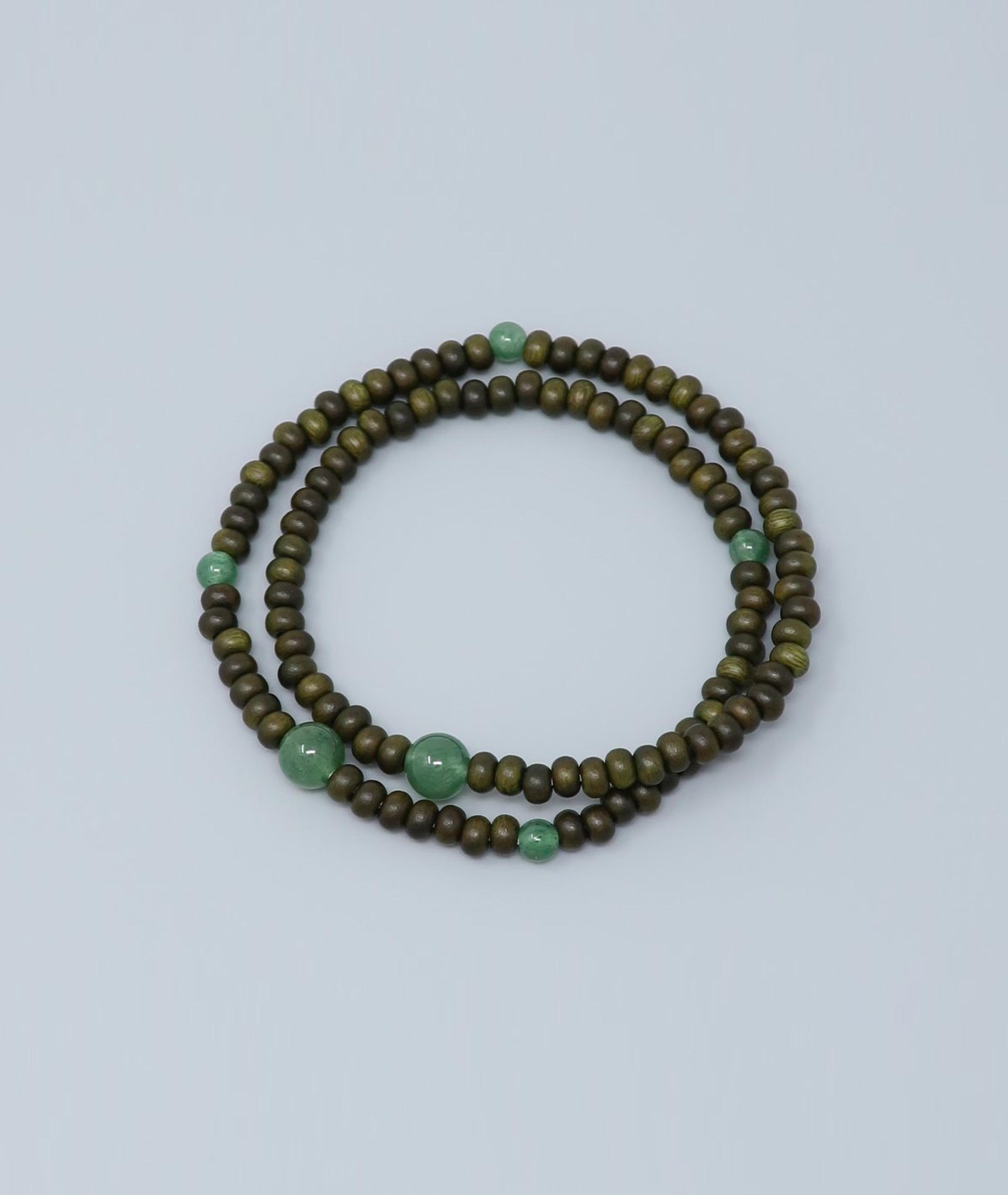 Unisex Green Sandalwood Life Tree 108-bead bracelet with jade accents, handcrafted protective amulet symbolizing success and calm. Handcrafted in Japan Kanbe Juzu, ideal for amulet, yoga, meditation, prayer, or gifting.