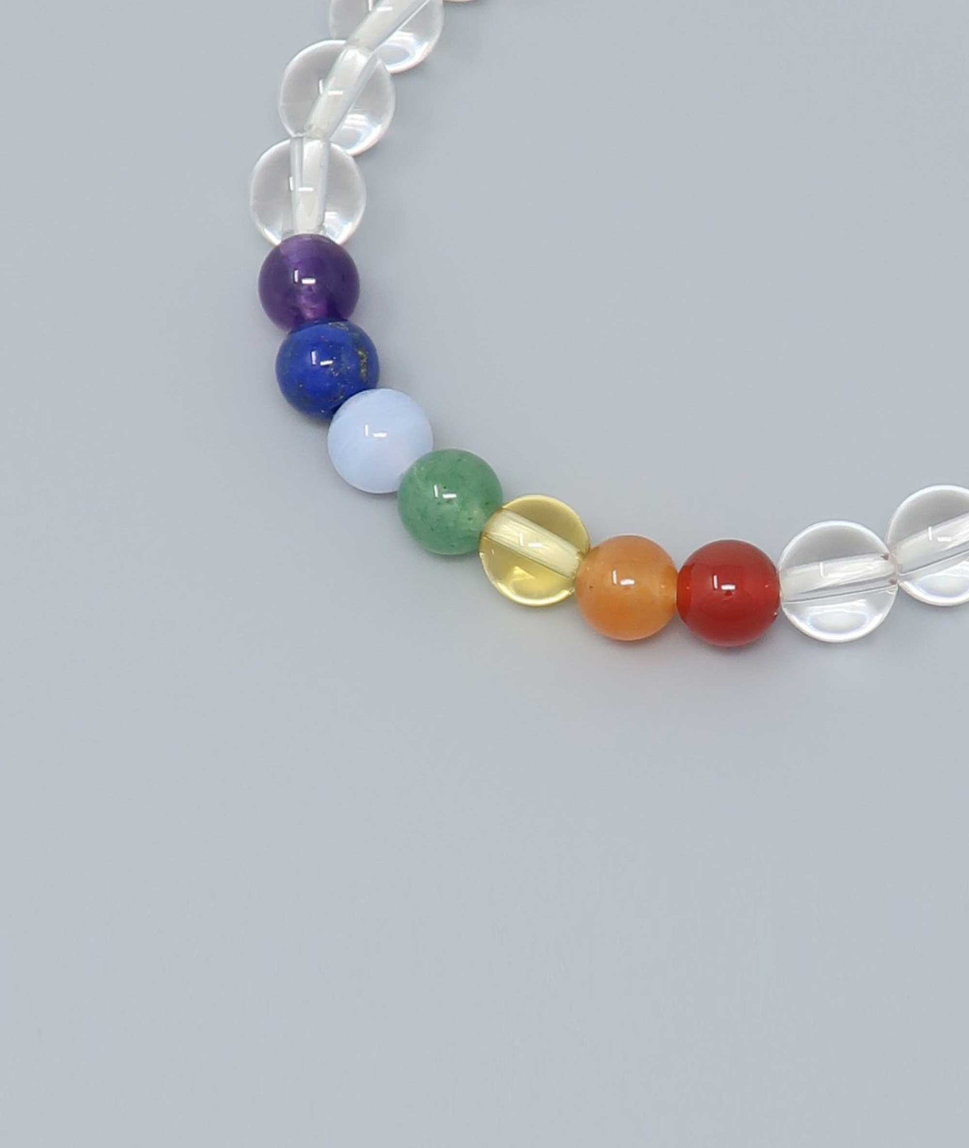Handcrafted bracelet featuring Japanese clear quartz and seven-colored gemstones representing protection and good fortune. Handcrafted in Japan Kanbe Juzu, ideal for amulet, yoga, meditation, prayer, or gifting.