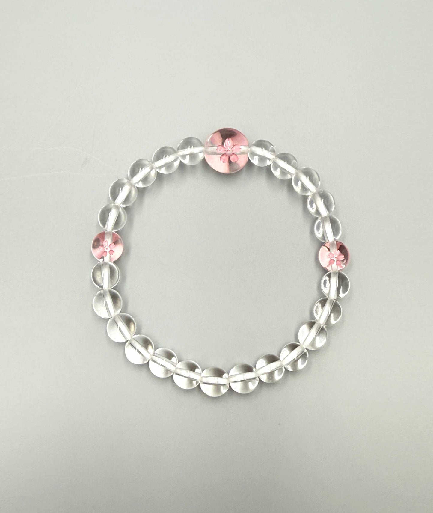Clear Quartz Juzu Bead Bracelet - Cherry Blossom Engraving