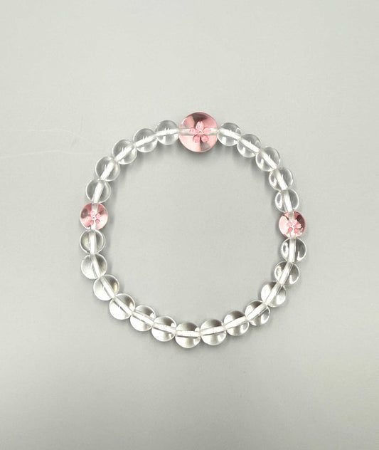Clear Quartz Juzu Bead Bracelet - Cherry Blossom Engraving