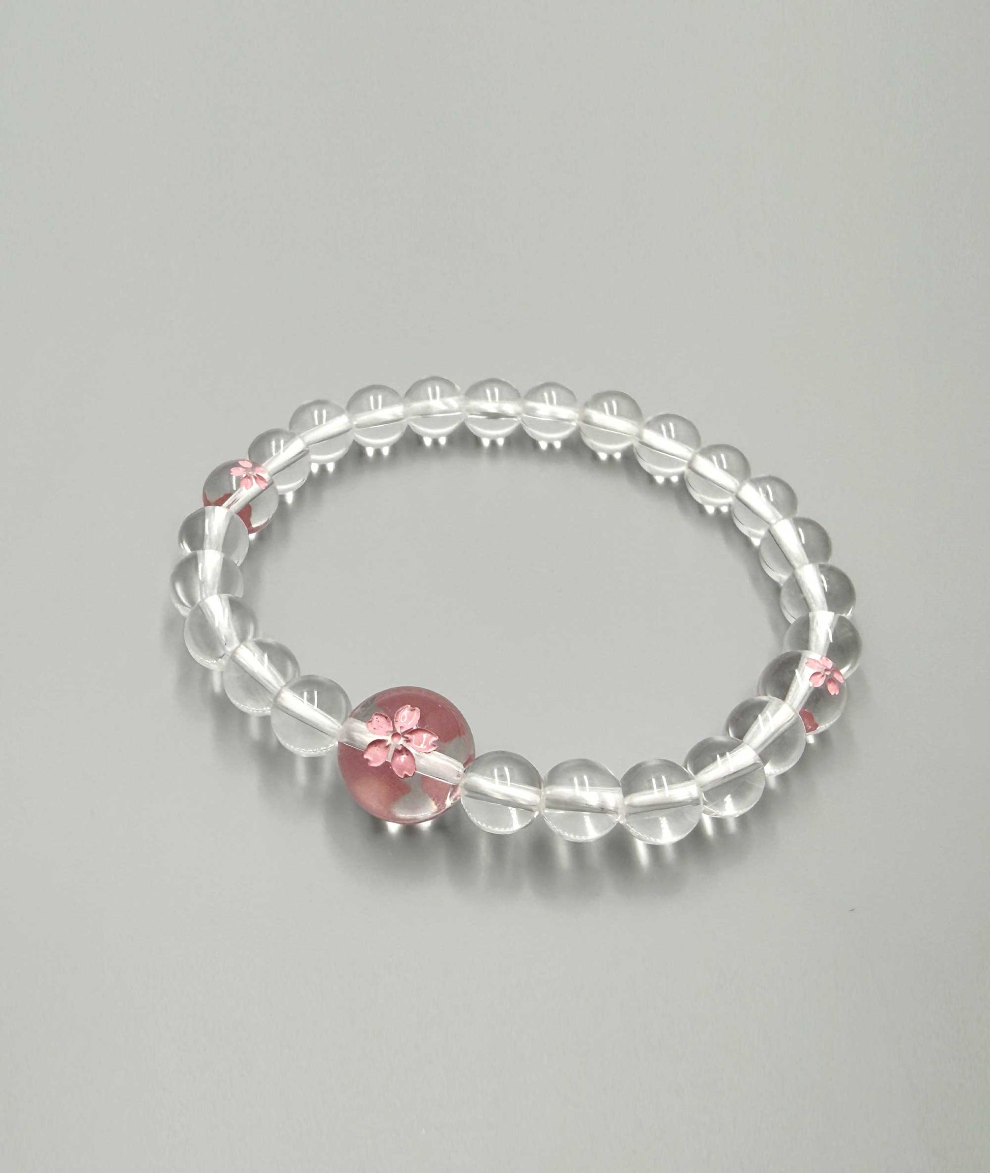 Clear Quartz Juzu Bead Bracelet - Cherry Blossom Engraving