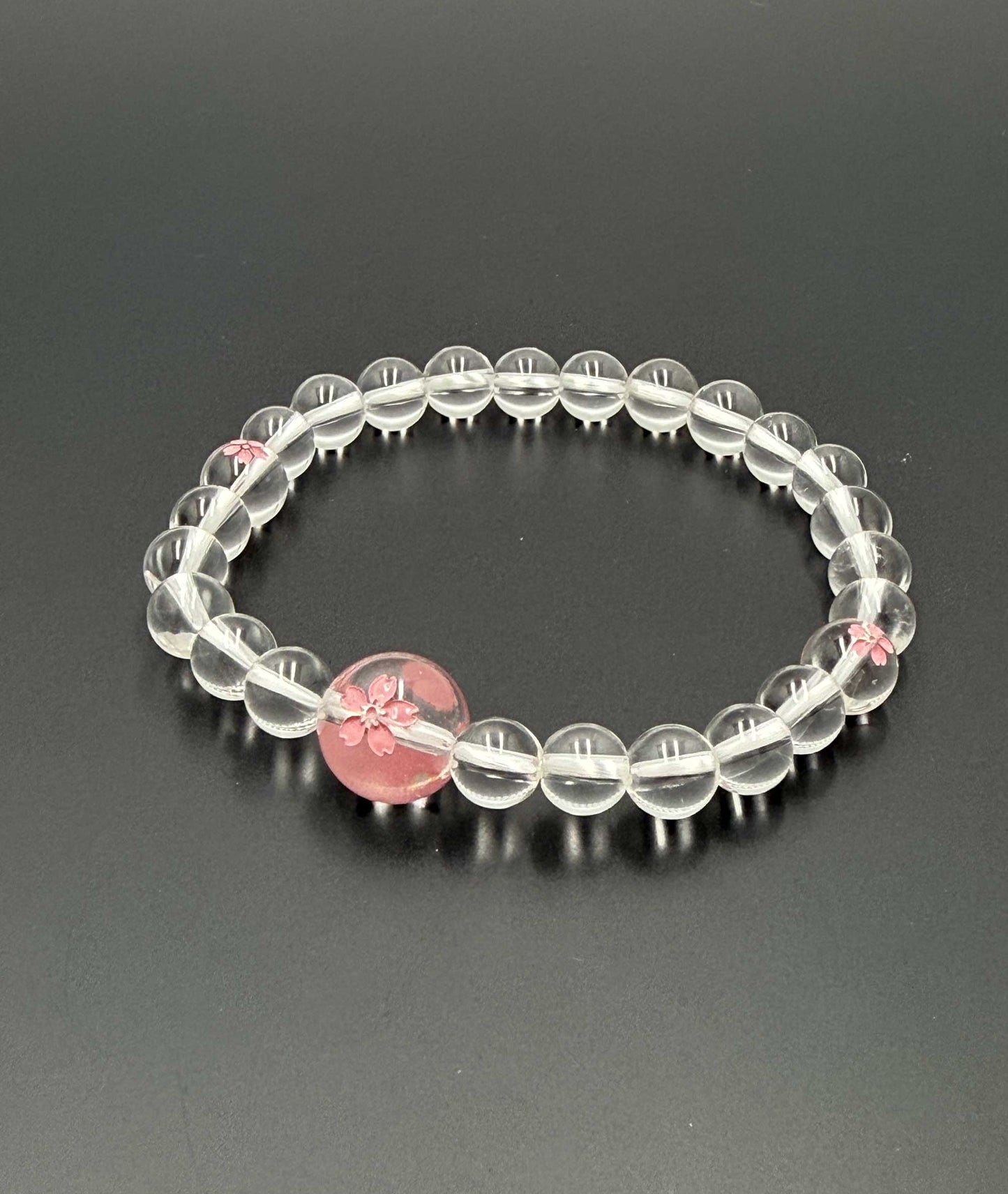 Clear Quartz Juzu Bead Bracelet - Cherry Blossom Engraving