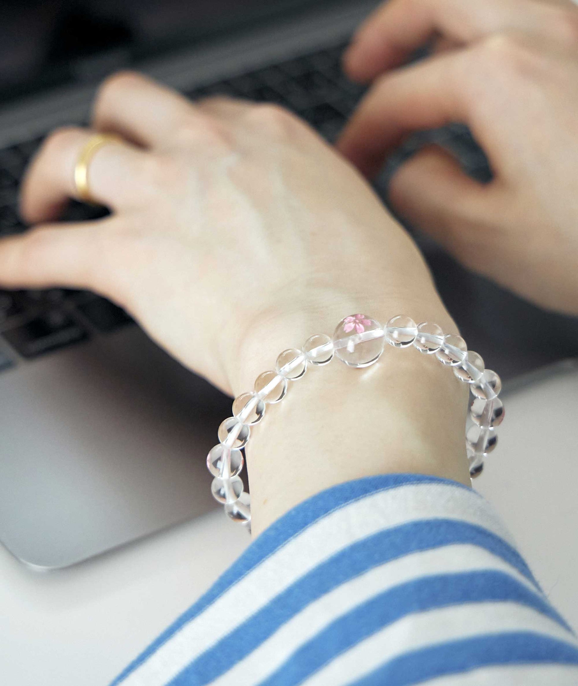 Clear Quartz Juzu Bead Bracelet - Cherry Blossom Engraving