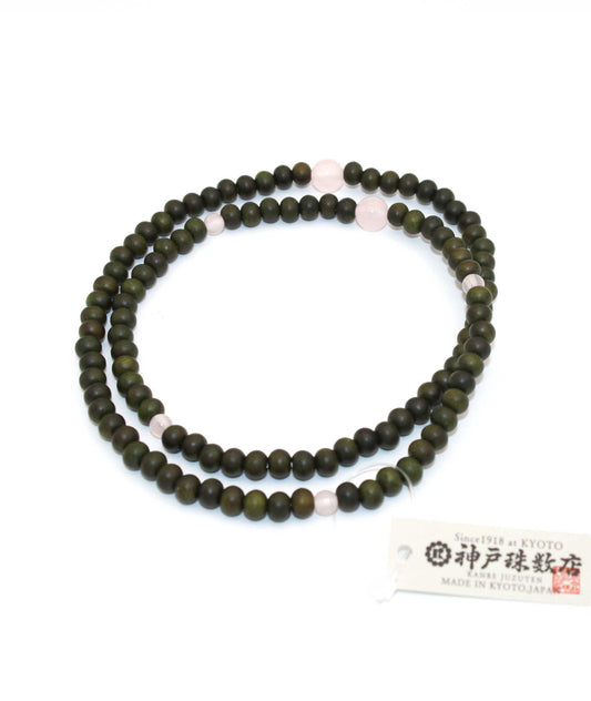 108 Green Sandalwood Tree of Life Bead Bracelet with Rose Quartz - Kyoto Kanbe Juzu