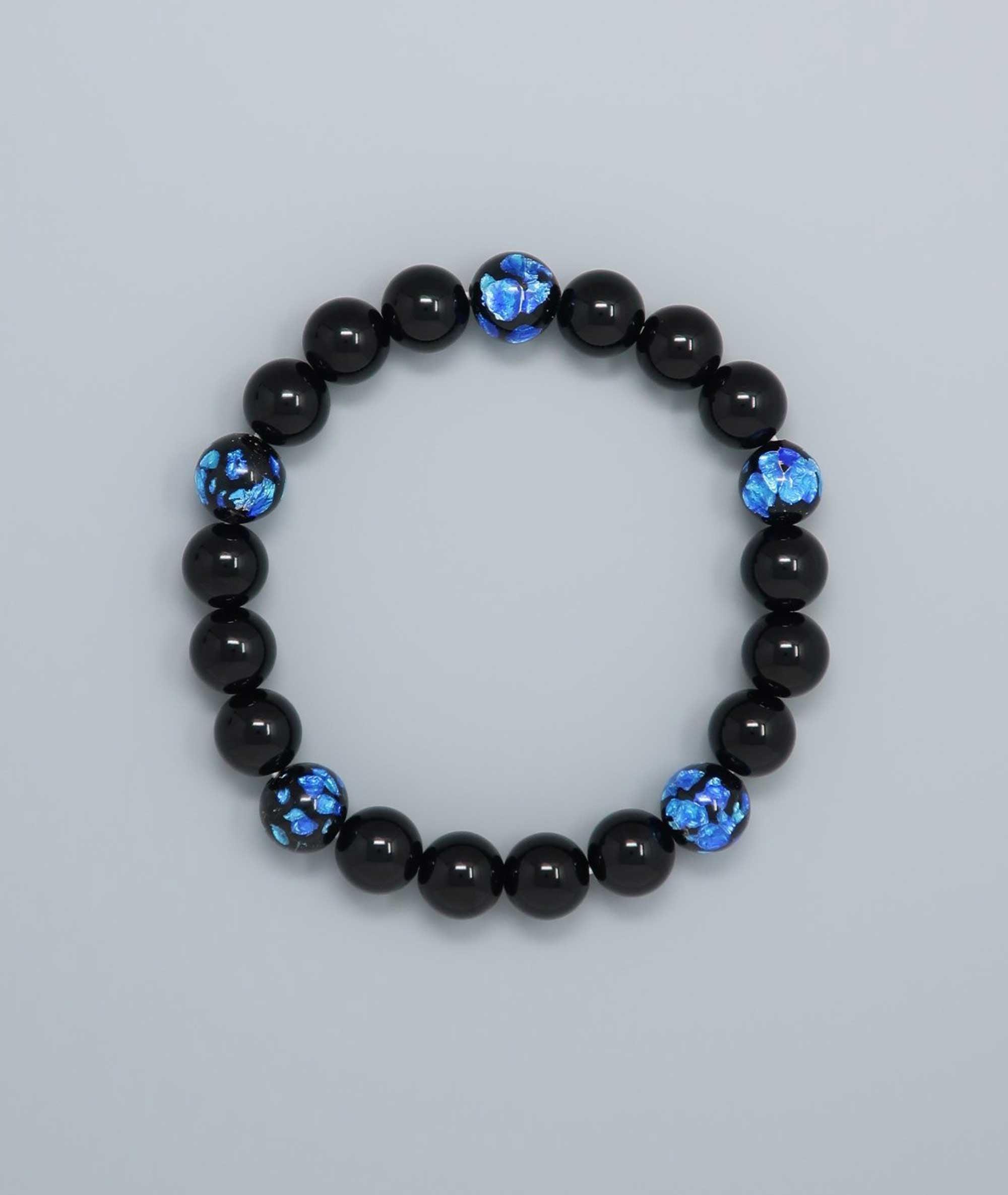 Black Onyx Juzu Bracelet with Okinawa Blue Firefly Artisan Glass