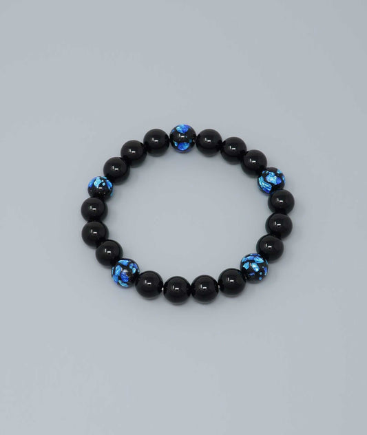 Black Onyx Juzu Bracelet with Okinawa Blue Firefly Artisan Glass Bead - Kyoto Kanbe Juzu
