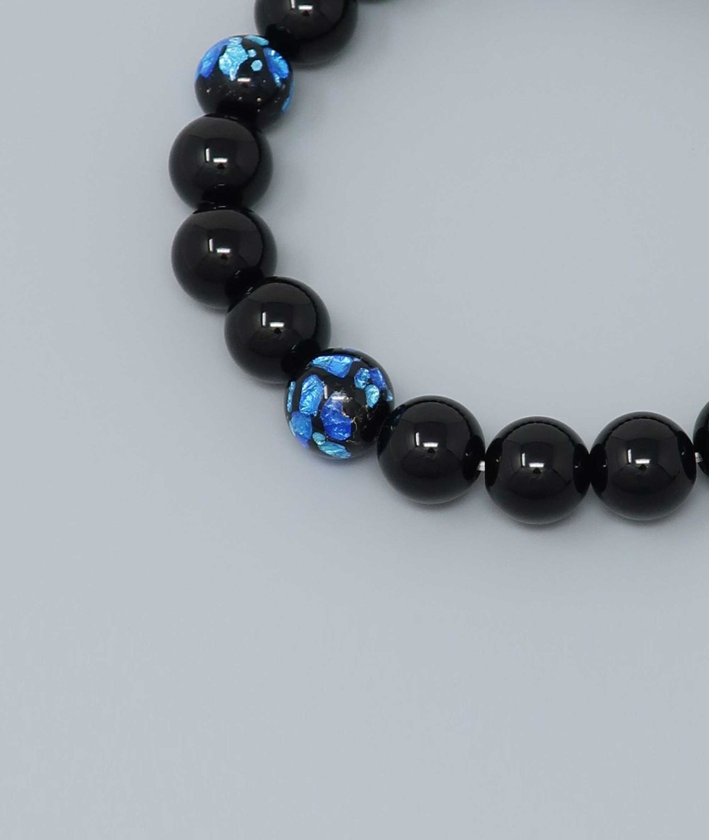 Black Onyx Juzu Bracelet with Okinawa Blue Firefly Artisan Glass Bead - Kyoto Kanbe Juzu