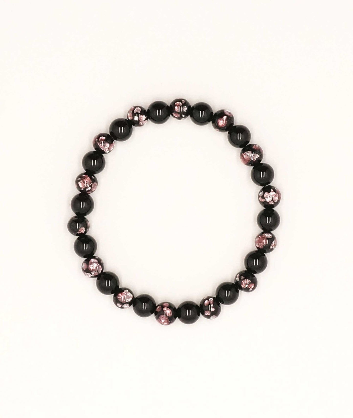 Black Onyx Juzu Bracelet with Okinawa Pink Firefly Artisan Glass Bead 7mm - Kyoto Kanbe Juzu