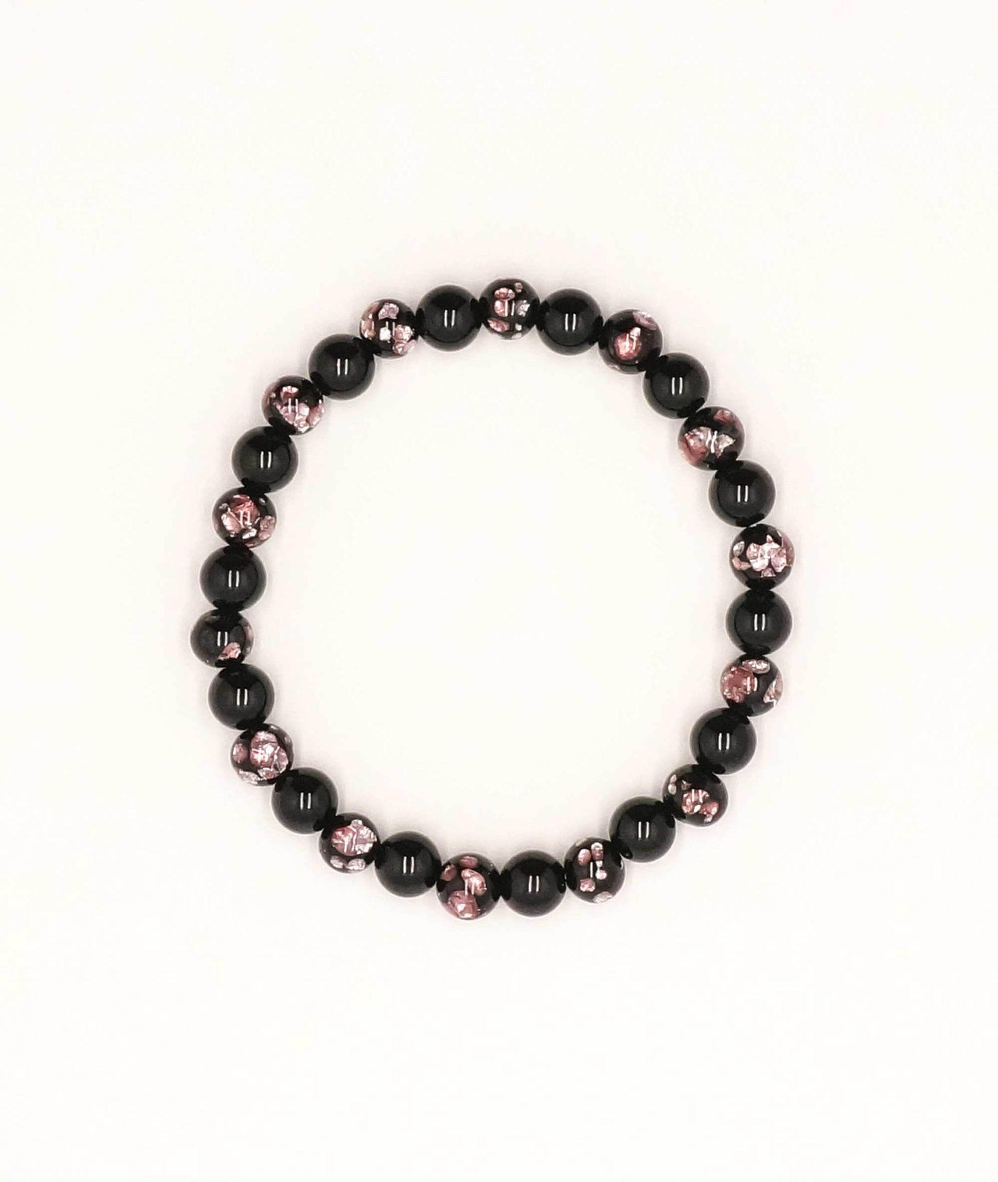 Black Onyx Juzu Bracelet with Okinawa Pink Firefly Artisan Glass Bead 7mm - Kyoto Kanbe Juzu
