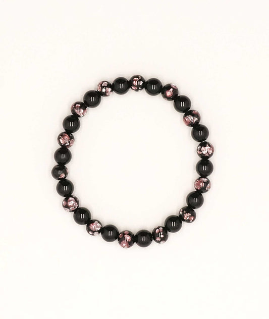 Black Onyx Juzu Bracelet with Okinawa Pink Firefly Artisan Glass Bead 7mm - Kyoto Kanbe Juzu