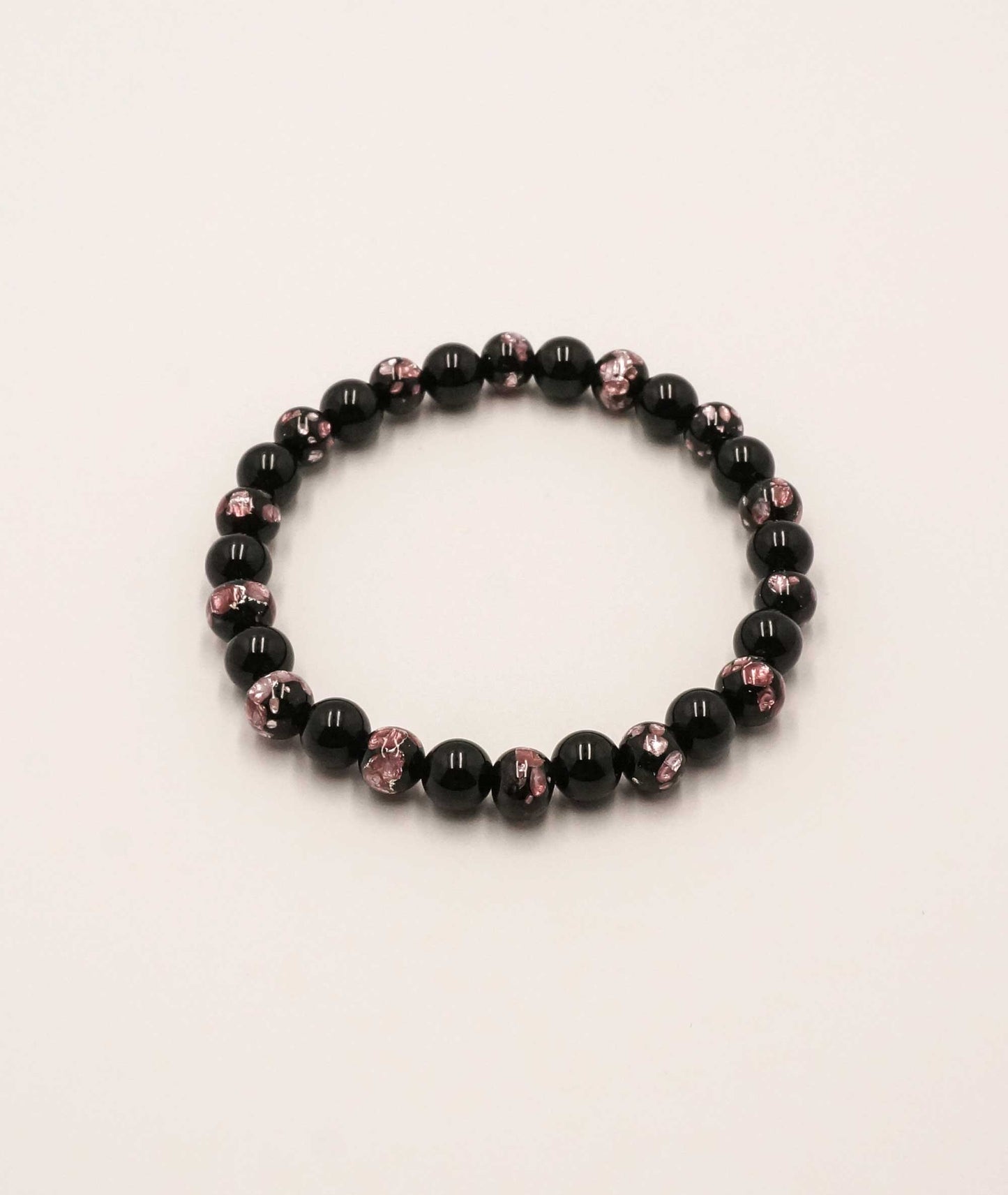 Black Onyx Juzu Bracelet with Okinawa Pink Firefly Artisan Glass Bead 7mm - Kyoto Kanbe Juzu