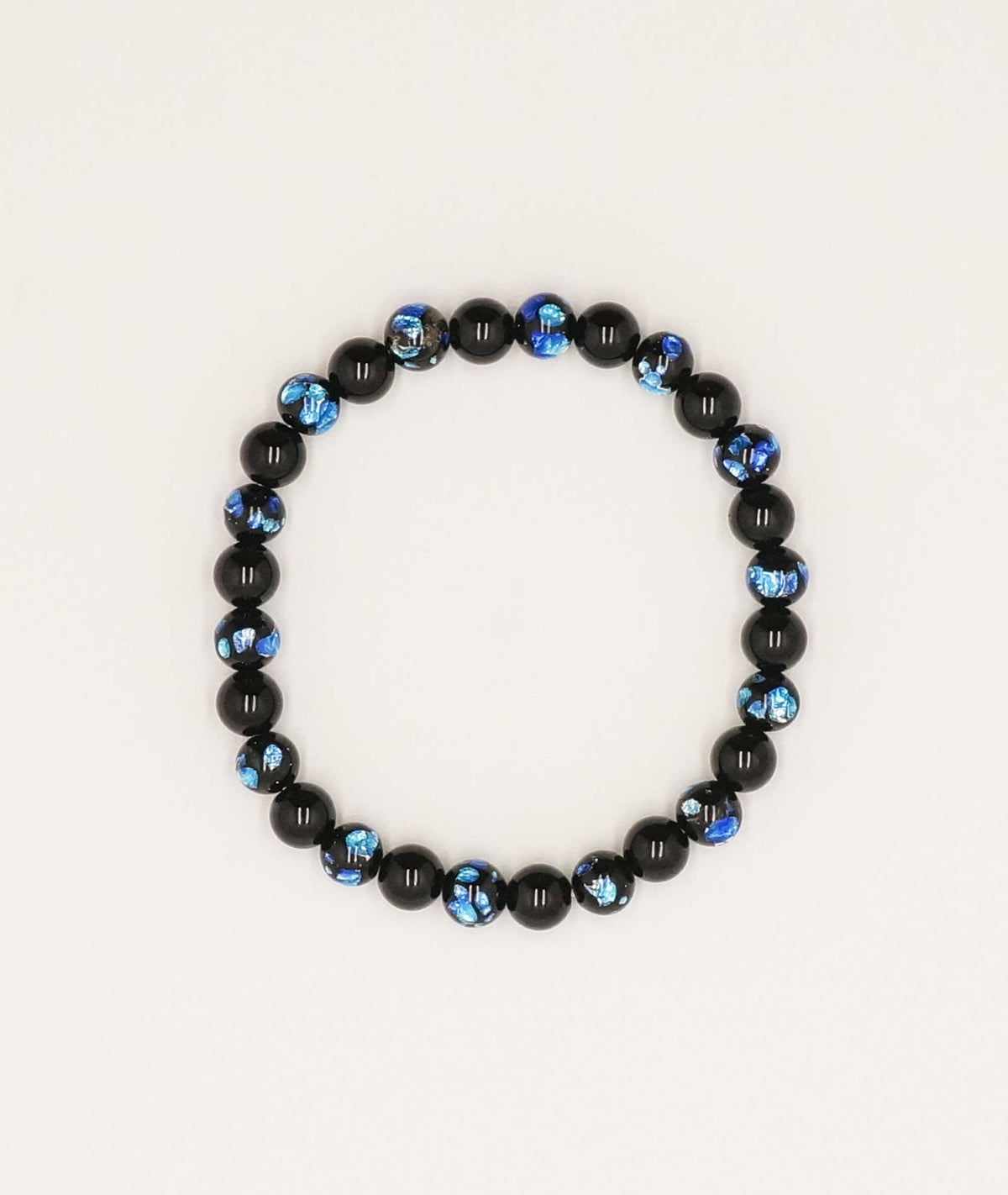 Black Onyx Juzu Bracelet with Okinawa Blue Firefly Artisan Glass Bead 7mm - Kyoto Kanbe Juzu