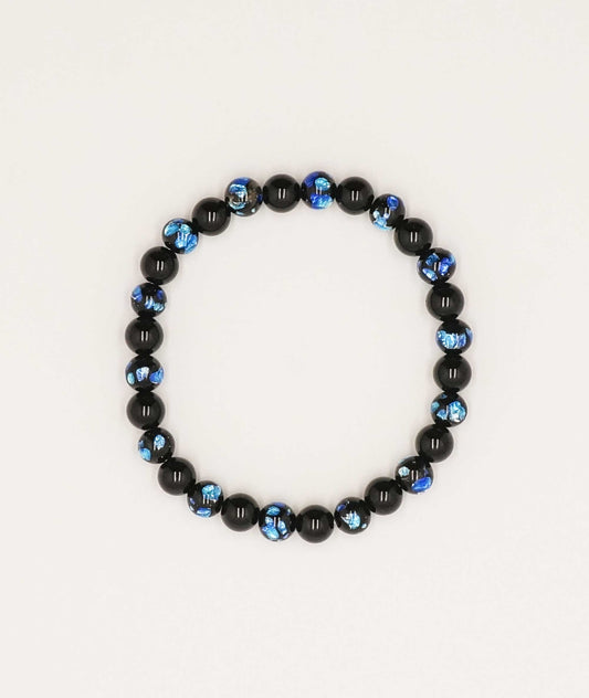 Black Onyx Juzu Bracelet with Okinawa Blue Firefly Artisan Glass Bead 7mm - Kyoto Kanbe Juzu