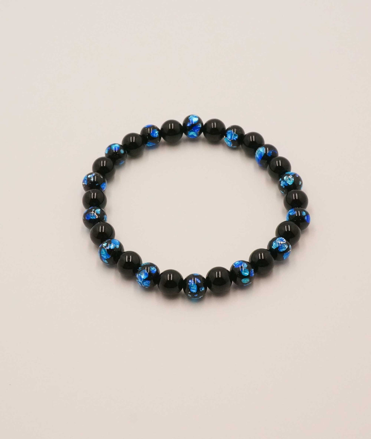 Black Onyx Juzu Bracelet with Okinawa Blue Firefly Artisan Glass Bead 7mm - Kyoto Kanbe Juzu