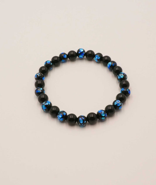 Black Onyx Juzu Bracelet with Okinawa Blue Firefly Artisan Glass Bead 7mm - Kyoto Kanbe Juzu
