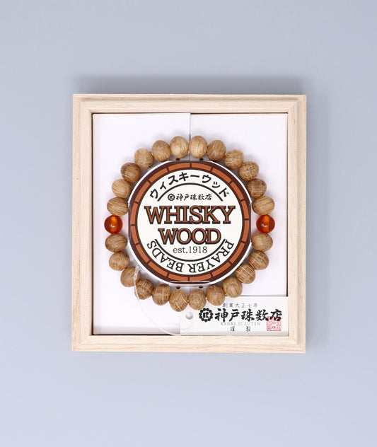 All gender Whiskey Barrel Wood Amber Bracelet made from reclaimed whiskey barrel wood with compressed amber accents, handcrafted in Japan Kanbe Juzu, ideal for amulet, yoga, meditation, prayer, or gifting.