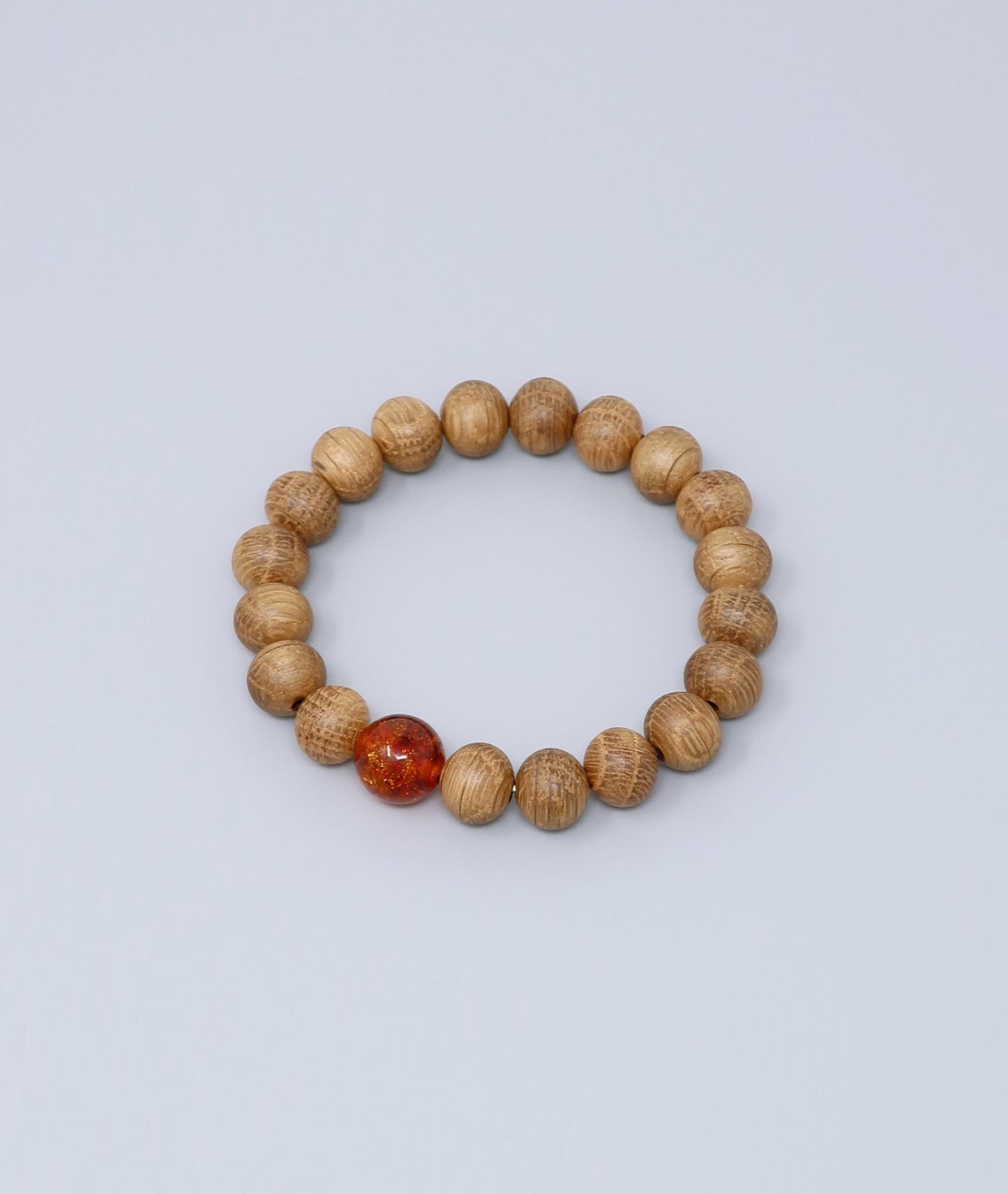 Men's Whiskey Barrel Wood Amber Bracelet made from reclaimed whiskey barrel wood with compressed amber accents, handcrafted in Japan Kanbe Juzu, ideal for amulet, yoga, meditation, prayer, or gifting.